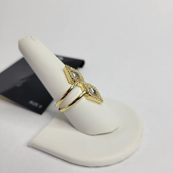 INC Gold-Tone Cubic Zirconia Triangle Double Row Ring Art Deco Vintage Size 9 - Picture 5 of 7